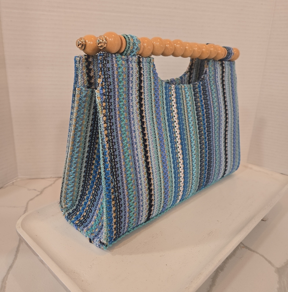 Haute Hippie Textured Woven Striped Wooden Beaded Satchel Bag Boho Summer
